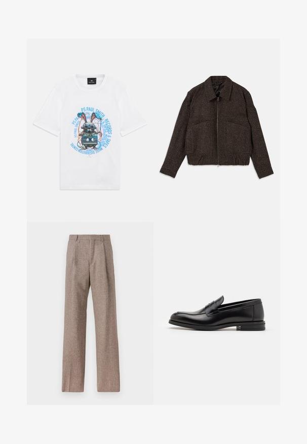Ruda tekstūruota striukė su užtrauktuku, apykakle, dviem priekinėmis kišenėmis ir prigludusia juostos dalimi. Medžiaga atrodo austinė su subtiliu raštu.; Balta marškinėliai su mechaninio triušio, laikantys kasetinį šį, grafika, aplink juos yra mėlynas tekstas "PS Paul Smith Records & Tapes."; Rudos, aukšto liemens kelnes, pagamintas iš tekstūruotos medžiagos. Plati kojos, dvi priekinės klostės struktūrai. Tvarkingas apdailos darbai, be matomų detalių.; Juodos odinės loafers, turinčios lygų paviršių, apvalią noselę ir dekoratyvinę juostą per priekinę dalį. Žemas krentantis kulnas, minimalistinis dizainas.