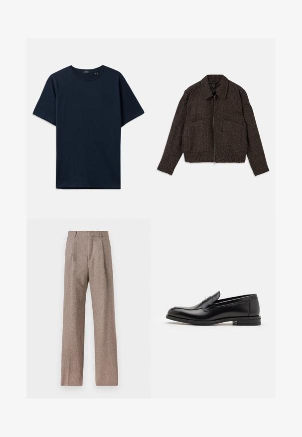 Bruin gestructureerd jack met een ritssluiting, colkraag, twee voortassen en een getailleerde taille. Het materiaal lijkt geweven met een subtiel patroon.; Marineblauwe katoenen T-shirt met korte mouwen, ronde hals en een relaxte fit. Minimalistisch ontwerp zonder zichtbare patronen of accenten.; Bruine, hooggewaisted broeken van een gestructureerde stof. Heeft wijde benen en twee voorplooien voor extra structuur. Net afgewerkt zonder zichtbare hardware.; Zwarte leren instappers met een gladde textuur, ronde neus en een decoratieve band over de wreef. Lage, gestapelde hak en minimalistisch ontwerp.