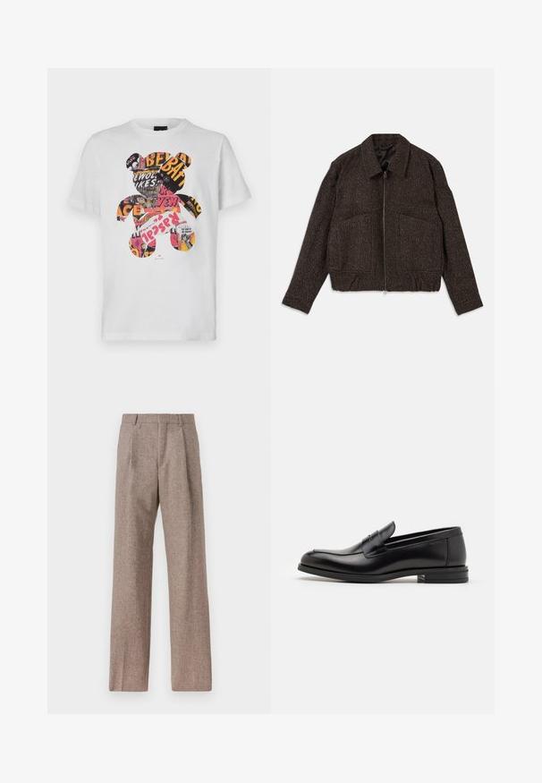 Hnědá texturovaná bunda se zipem, límečkem, dvěma předními kapsami a přiléhavým pasem. Materiál vypadá tkaný s jemným vzorem.; Bílá bavlněná tričko s potiskem medvěda vyplněného barevnými výstřižky z časopisů a textem, kulatý výstřih, krátké rukávy.; Hnědé kalhoty s vysokým pasem vyrobené z texturované látky. Mají široké nohavice a dva přední sklady pro strukturu. Úhledné provedení bez viditelné kovových částí.; Černé kožené polobotky s hladkou texturou, zaoblenou špičkou a zdobným páskem přes nárt. Nízký stohovaný podpatek, minimalistický design.