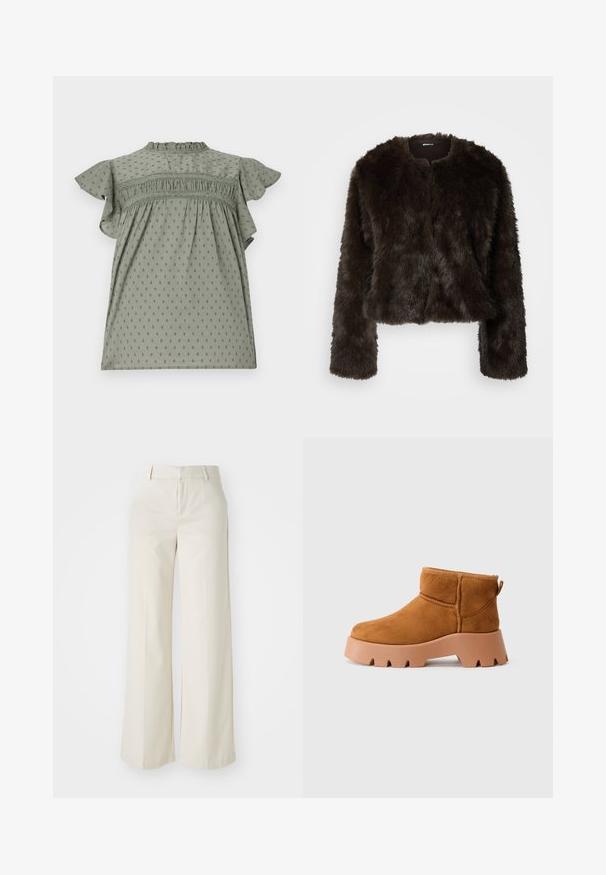 Hnedý umelý kožuch so skráteným strihom, okrúhlym výstrihom a dlhými rukávmi. Hladká textúra, jemný vzhľad, bez viditeľných zapínaní alebo vzorov.; Zelené šaty s krátkymi ruffled rukávmi, textúrovaná tkanina s bodkovaným vzorom, nahrabané detaily na hrudi a vysoký golier.; Široké nohavice svetlej béžovej farby, vyrobené z hladkej textílie. Majú klasický pás a rovný predok s čistými líniami.; Svetlohnedé semišové členkové čižmy s okrúhlou špičkou, textúrovanou hnedou podrážkou a pútkom na vyťahovanie. Zdobené sú šitými švami a robustným platformovým dizajnom.