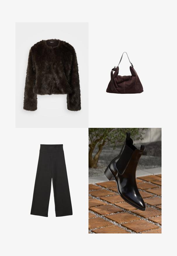 Karmelowa, sztuczna futrzana kurtka do talii z okrągłym dekoltem i długimi rękawami. Gładka struktura, miękki wygląd, brak widocznych zapięć i wzorów.; Biała, oversize'owa koszulka z miękkiej bawełny. Posiada krótki rękaw, okrągły dekolt oraz luźny krój bez widocznych wzorów czy akcentów.; Czarne spodnie szerokie z nogawkami, wyposażone w wysoki elastyczny pas, wykonane z miękkiego materiału i luźnym kroju, idealne do codziennego noszenia lub w luźniejszych okolicznościach.; Czarne skórzane botki Chelsea z wydłużonym noskiem, elastycznymi bocznymi panelami i grubym obcasem, spoczywające na powierzchni o wzorach kamienia i drewna.; Ciemnobrązowa surowa torba hobo na ramię z szerokim, regulowanym skórzanym paskiem oraz miękką, workowatą formą na białym tle.