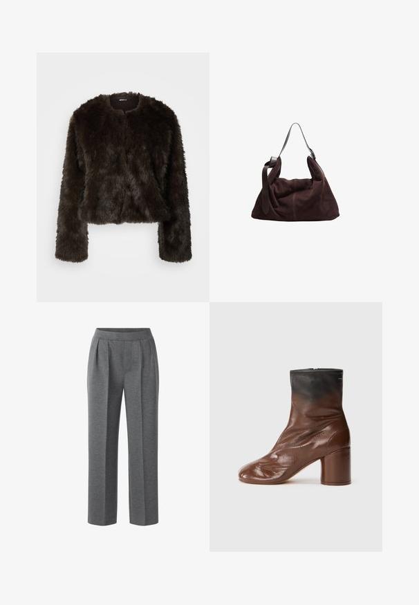 Brown faux fur cropped jacket with a round neckline and long sleeves. Smooth texture, soft appearance, no visible fastenings or patterns.; White oversized t-shirt made of soft cotton. Features short sleeves, a round neckline, and a relaxed fit with no visible patterns or accents.; Gray pleated trousers made of soft fabric. Features a flat front and wide legs, providing a relaxed fit. No visible hardware or accents.; Brown leather ankle boot with a rounded toe, featuring a textured finish, a black upper section, and a chunky heel. Zipper closure at back.; Dark brown suede hobo shoulder bag with wide adjustable leather strap and soft, slouchy body on white background.