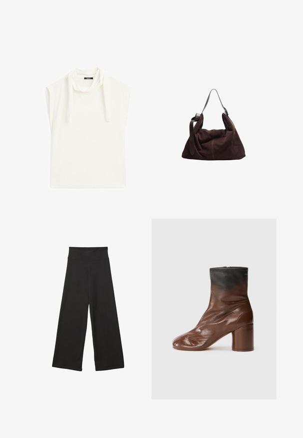 Brun faux fur cropped jakke med rund halsudskæring og lange ærmer. Glat tekstur, blød fremtoning, uden synlige lukninger eller mønstre.; Hvid kortærmet top med draperet cowl-hals, afslappet pasform og blødt bomuldsstof. Diskret syning langs kanterne.; Sorte brede bukser med høj elastisk talje, blødt stof og løs pasform, velegnede til afslappet tøj eller uformelle anledninger.; Brun læder ankelstøvle med rund tå, med en tekstureret overflade, en sort øverste del og en kraftig hæl. Lynlåslukning bagpå.; Mørkebrun ruskinds hobo skuldertaske med bred justerbar læderrem og blød, slaskende krop på hvid baggrund.