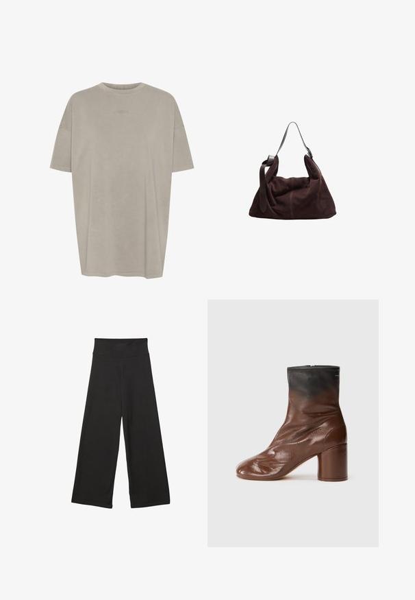 Giacca cropped in pelliccia sintetica marrone con scollatura rotonda e maniche lunghe. Texture liscia, aspetto morbido, senza chiusure o motivi visibili.; T-shirt oversize a maniche corte di colore grigio chiaro, realizzato in tessuto morbido. Presenta un collo rotondo e un logo in rilievo sul petto.; Pantaloni neri a gamba larga con vita elastica alta, in tessuto morbido e vestibilità ampia, adatti per l'abbigliamento casual o ambienti rilassati.; Stivaletto in pelle marrone con punta tonda, dotato di una finitura testurizzata, una parte superiore nera e un tacco spesso. Chiusura con zip sul retro.; Borsa a spalla hobo in suede marrone scuro con ampia tracolla in pelle regolabile e corpo morbido e sformato su sfondo bianco.