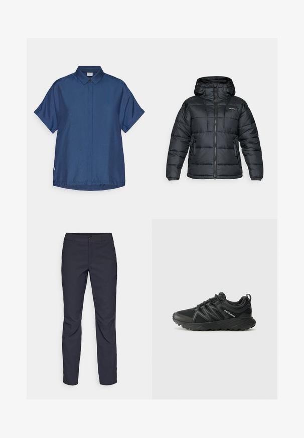 Črna puhovka s kapuco, ki vključuje zadrgo, vrvico in dva sprednja žepa. Quildana zasnova z gladko teksturo.; Temno moder kratkohltnik srajca iz gladkega blaga. Ima klasičen ovratnik, sprednje zapenjanje na gumbe in sproščen kroj z ravnim robom.; Mornarji modri hlače iz gladkega blaga, z zapiranjem na gumb spredaj, tesno prilegnjenim krojem in gubami na kolenih.; Columbia PEAKFREAK - Pohodniški čevlji - black