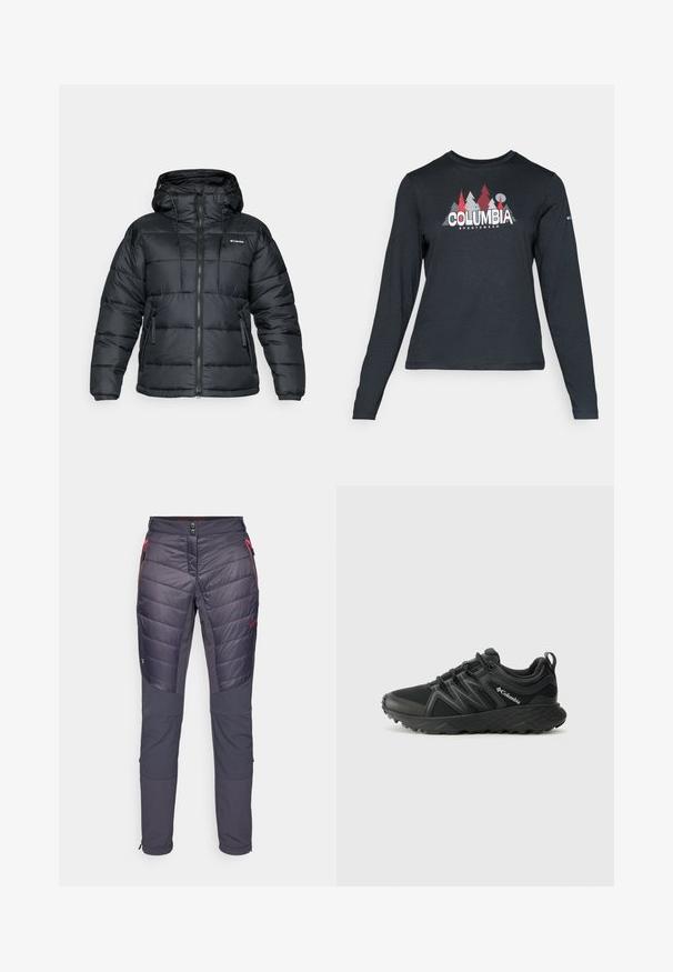 Μαύρο μπουφάν πούφ με κουκούλα, που διαθέτει κλείσιμο με φερμουάρ, κορδόνι ρύθμισης και δύο μπροστινές τσέπες. Καπιτονέ σχέδιο με λεία υφή.; Μακρυμάνικο σκούρο γκρι πουκάμισο με γραφικό κόκκινων δέντρων και βουνών; το λογότυπο "COLUMBIA" σε έντονο λευκό κείμενο. Μαλακό ύφασμα, τυπικός στρογγυλός λαιμός.; CMP WOMAN PANT HYBRID - Παντελόνι εξωτερικού χώρου - antracite-corallo; Columbia PEAKFREAK - Παπούτσια πεζοπορίας - black