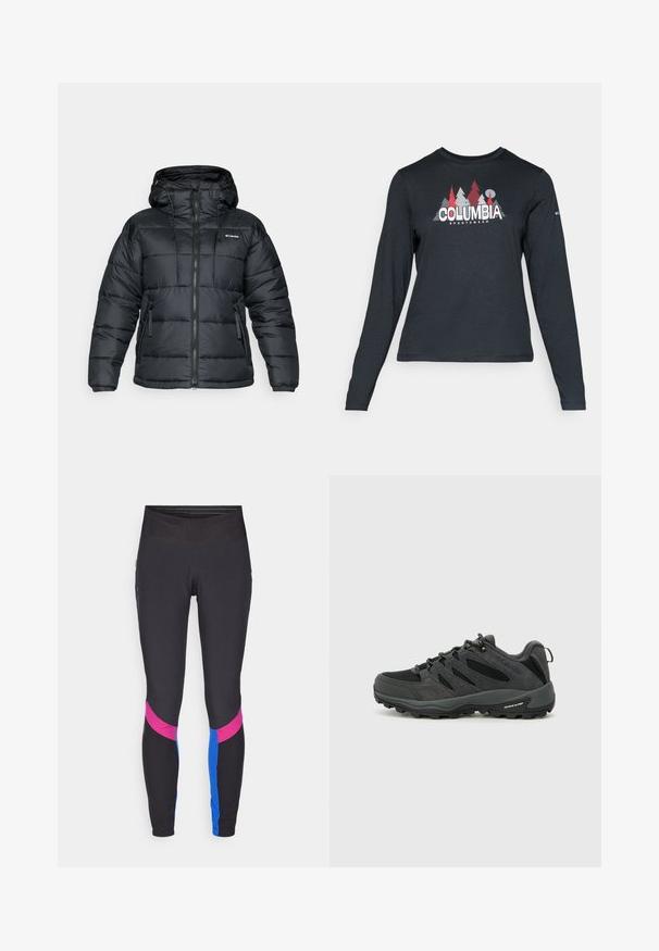 Črna puhovka s kapuco, ki vključuje zadrgo, vrvico in dva sprednja žepa. Quildana zasnova z gladko teksturo.; Majica z dolgimi rokavi temno siva z grafiko rdečih dreves in gora; logotip "COLUMBIA" v krepki beli barvi. Mehka tkanina, standarden krojen ovratnik.; Črne legice z visokim pasom, ki imajo na straneh roza in modre geometrijske panele. Narejene so iz elastičnega, gladkega materiala.; Columbia REDMOND - Pohodniški čevlji - black/citron haze