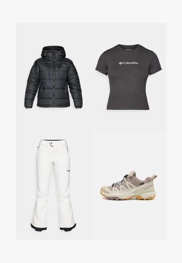 Svart boblejakke med hette, med glidelås, snor og to frontlommer. Kviltet design med en glatt tekstur.; Mørk grå kortermet t-skjorte laget av teksturert stoff med rund hals, med en hvit Columbia-logo over brystet.; Hvite skibukser laget av mykt, fleksibelt materiale. Har en tettsittende midje, vide, utvidede ben og svart kanting ved ermene. Merkevarelogo synlig.; Lett vandringsko med et beige og mintgrønt design. Teksturert overdel, gummiyttersåle, hurtig snøresystem og kontrasterende gule detaljer.