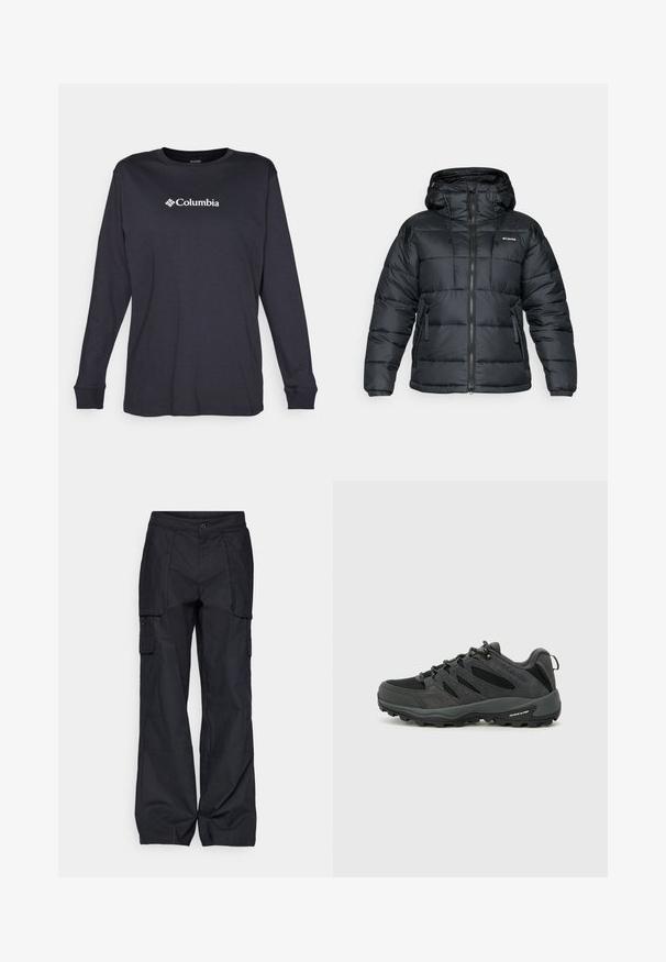 Geacă puf neagră cu glugă, cu închidere cu fermoar, șnur și două buzunare frontale. Design cu cusături matlasate și textură netedă.; Columbia NORTH CASCADES™ TEE - Bluză cu mânecă lungă - black; Columbia BREA FALLS™ COTTON RIPSTOP PANT - Pantaloni outdoor - black; Columbia REDMOND - Pantofi drumeție - black/citron haze