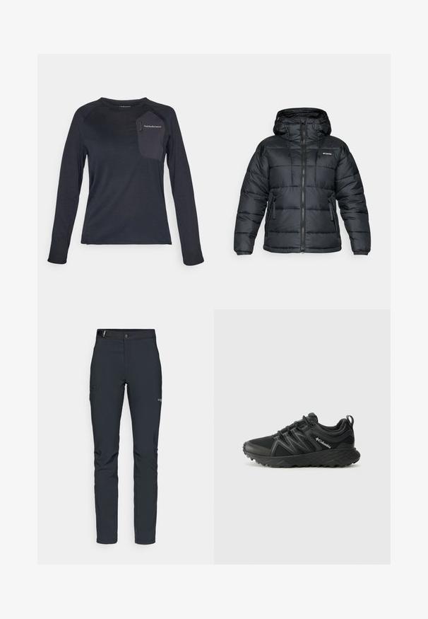 Črna puhovka s kapuco, ki vključuje zadrgo, vrvico in dva sprednja žepa. Quildana zasnova z gladko teksturo.; Dolga majica temno modre barve, izdelana iz tehničnega materiala, z teksturirano površino, kontrastno tkanino žepom in logotipom Peak Performance na prsih.; Moške zunanje hlače, temno siva, izdelane iz fleksibilnega materiala, z pasom, žepom na zadrgo in ojačanim šivanjem.; Columbia PEAKFREAK - Pohodniški čevlji - black