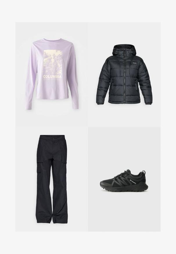 Casaco puffer preto com capuz, apresentando um fecho com zipper, cordão e dois bolsos frontais. Design acolchoado com uma textura suave.; Camisa de manga longa lavanda com uma estampa de floresta e o texto "COLUMBIA SPORTSWEAR" em branco. Feita de um tecido macio com um ajuste descontraído.; Columbia BREA FALLS™ COTTON RIPSTOP PANT - Calças para exterior - black; Columbia PEAKFREAK - Sapatos de caminhada - black