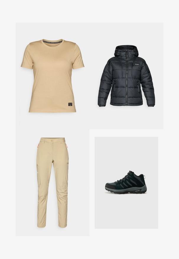 Charmán negro acolchado con capucha, que cuenta con un cierre de cremallera, cordón ajustable y dos bolsillos frontales. Diseño acolchado con una textura suave.; Salewa EAGLE LOGO PATCH - Camiseta básica - quicksand; Pantalones exteriores beige con una textura suave, que cuentan con un bolsillo con cremallera naranja, un diseño ajustado y un pequeño logo blanco en la parte frontal.; Columbia REDMOND - Zapatillas de senderismo - black/citron haze