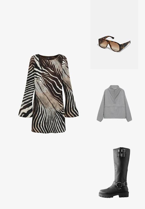 Šedý pulóver s krátkym zipsom, ktorý má vysoký golier a dlhé rukávy. Vyrobený z textúrovanej látky so jemným vzorom a uvoľneným strihom.; Dlhé rukávy šaty v hnedej a smotanovej farbe s pruhovaným vzorom zebra. Mäkka textília, rozšírené rukávy a okrúhly výstrih.; Čierne kožené čižmy po kolená s dvoma dekoračnými prackami, nastaviteľným remienkom a robustnou podrážkou s hlbokými vzormi pre lepšiu priľnavosť.; Masívne slnečné okuliare s korytnačkovým vzorom a hnedými gradientovými sklami; obdĺžnikový tvar a ploché strany. Logo vygravírované na chráničoch.