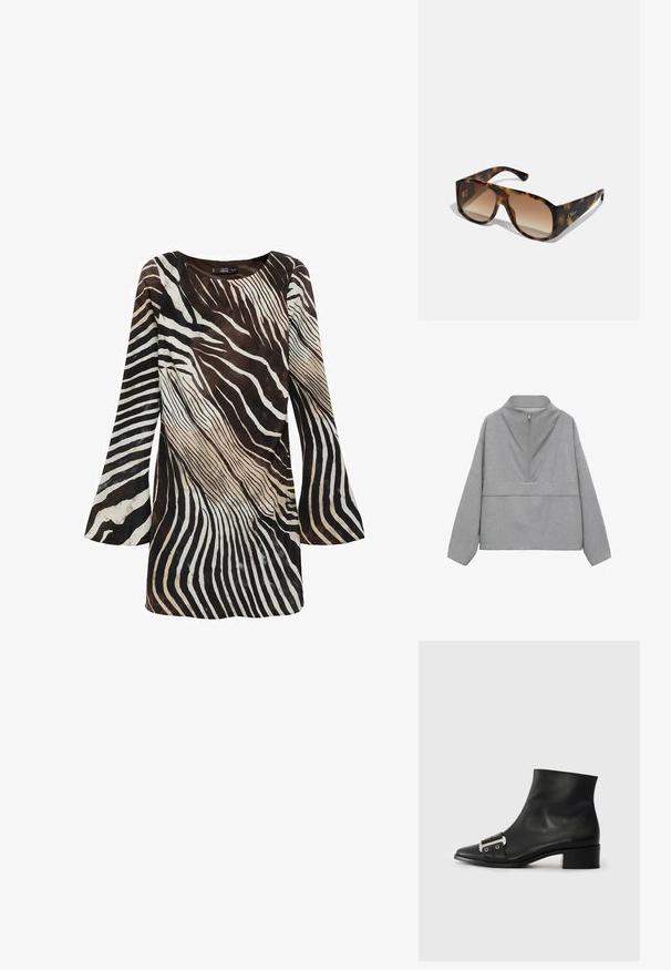Siv pulover s četrt zadrgo, ki ima visok ovratnik in dolge rokave. Narejen je iz teksturirane tkanine z diskretno vzorcem in sproščenim krojem.; Dolga obleka v rjavi in krem barvi s potiskom v zebrine črte. Mehak material, razširjene rokave in okroglo izrez.; Črne usnjene gležnjerice s koničastim nožnim delom, ravnim peto in dekorativnim kovinskim sponko na strani. Gladka tekstura in minimalističen dizajn.; Debele tortoiseshell sončna očala z rjavimi gradientnimi lečami; pravokotni oblik in ravne strani. Znak vklesan na ušesniku.