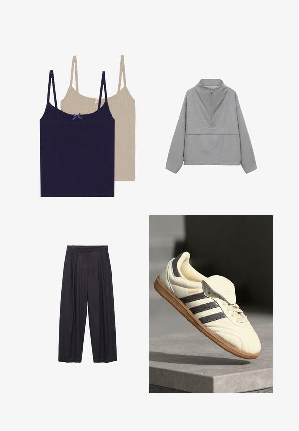 Harmaa neljänneksen vetoketjupullov, jossa on korkea kaulus ja pitkät hihat. Valmistettu tekstuurikankaasta, jossa on hienovarainen kuosi ja rento istuvuus.; Kaksi uritetua toppia, yksi laivastonsininen sinisellä nauhalla ja yksi kerma valkoisella nauhalla, joissa on säädettävät hihnat ja teksturoitu pinta.; Leveälahkeiset housut tummansinisestä kankaasta, jossa on hienovaraisia pystysuoria raitoja. Housuissa on napitus ja jämäkkä vyötärö.; Kreemivärvi nahast tennisekad, millel on kolm tumedat triipu, pruun kummist tald ja ümar varvas. Omab volditavat keelt, millel on silt "SAMBA."