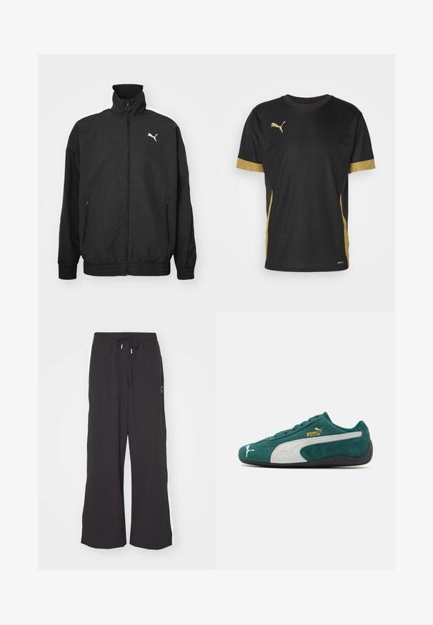 Jachetă neagră cu fermoar, cu guler înalt, manșete elastice, buzunare laterale și logo alb Puma pe pieptul stâng; textură de țesătură netedă.; Tricou sport negru cu accente aurii pe mâneci și lateral. Dispune de guler rotund, mâneci scurte și țesătură DRYCELL care absoarbe umiditatea.; Pantaloni de trening negri, cu croială largă, talie elastică și șnur. Prezintă dungi albe pe laterale și două buzunare laterale. Textură netedă.; Sneaker verde din suede cu accente albe și gri, suprafață texturată, talpă plată din cauciuc și detalii aurii cu logo pe lateral.