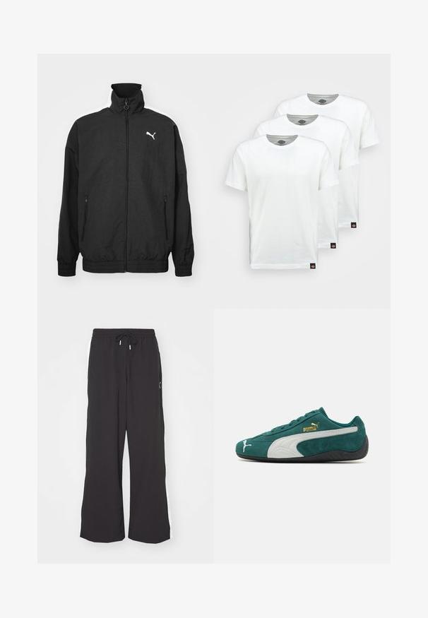 Black zip-up jacket with high collar, elastic cuffs, side pockets, and white Puma logo on the left chest; smooth fabric texture.; Three plain white cotton t-shirts with short sleeves. Each shirt features a round neckline and a small black logo tag on the left side.; Black wide-leg sweatpants with an elastic waistband and drawstring. Features white side stripes and two side pockets. Smooth texture.; Green suede sneaker with white and gray accents, textured surface, flat rubber sole, and gold logo detailing on the side.