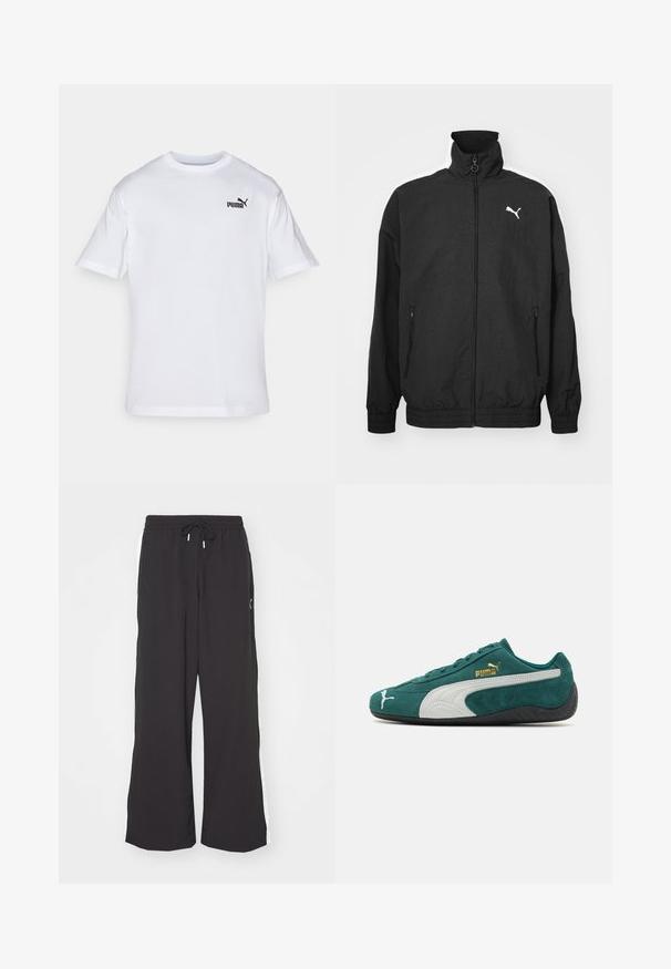 Zwarte zip-up jack met hoge kraag, elastische manchetten, zijzakken en wit Puma-logo op de linkerkant van de borst; gladde stoftextuur.; Witte katoenen T-shirt met korte mouwen, voorzien van een zwart Puma-logo op de linkerborst. Ronde hals, standaard pasvorm, gladde textuur.; Zwarte wijde sweatpants met een elastische tailleband en trekkoord. Voorzien van witte zijstrepen en twee zijzakken. Glad textuur.; Groene suède sneakers met witte en grijze accenten, een gestructureerd oppervlak, platte rubberen zool en gouden logo-details op de zijkant.