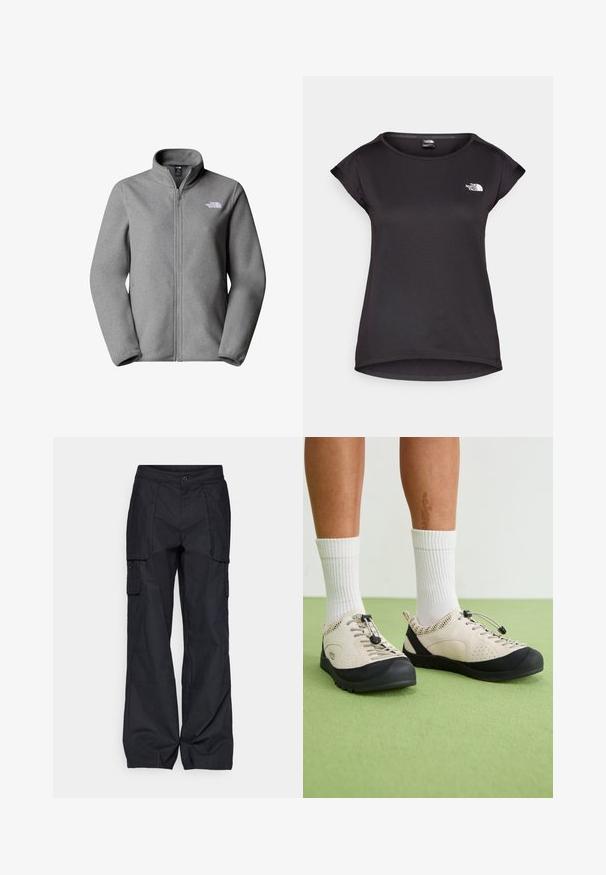 Grauer Fleece-Jacke mit hohem Kragen, durchgehender Reißverschluss-Front und sichtbarem Logo auf der linken Brust. Verfügt über lange, glatte Ärmel und seitliche Taschen.; The North Face TANKEN TANK  - Sport T-Shirt - black; Columbia BREA FALLS™ COTTON RIPSTOP PANT - Outdoor-Hose - black; Beige Schuhe mit schwarzen Akzenten, Netzseitenteilen und einem sicheren Schnürzug. Dicke Gummisohlen mit strukturiertem Profil. Tragen mit weißen Socken.