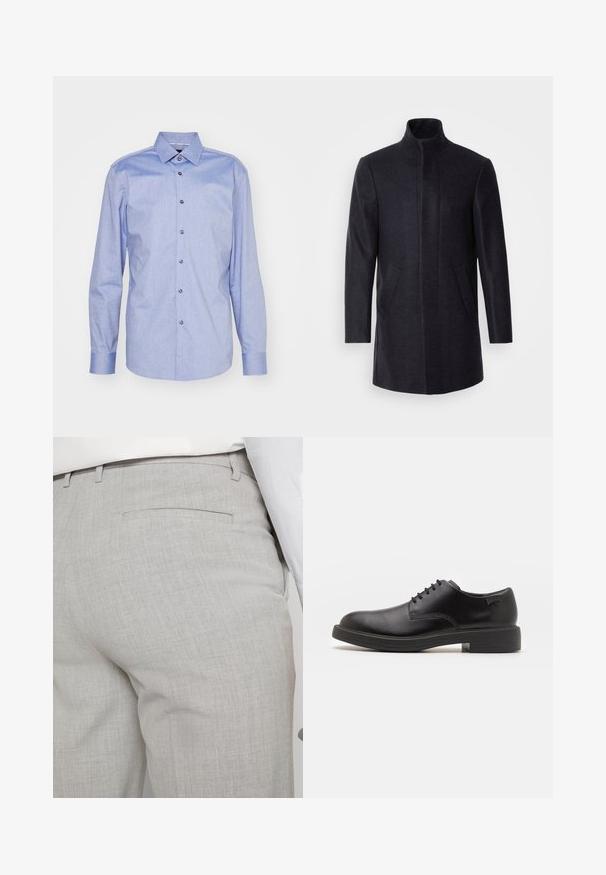 Isaac Dewhirst NEW COMFORT FUNNEL NECK COAT - Īss mētelis - navy; Melnā augstā kakla džemperis, kas izgatavots no mīksta materiāla, ar garām piedurknēm un pieguļušu piegriezumu. Ribota apdare ap apakšu un piedurknēm. Vienkāršs dizains.; BOSS HANK KENT - Formāls krekls - medium blue; Gaiši pelēkas pielāgotas bikses no teksturēta auduma, ar vienu aizmugurējo kabatu un tīru šuvju apdari.; Melna āda sašūta kurpe ar noapaļotu purngalu, gludu tekstūru, minimālu šuvju skaitu un zemu gumijas papēdi. Logo uz papēža.