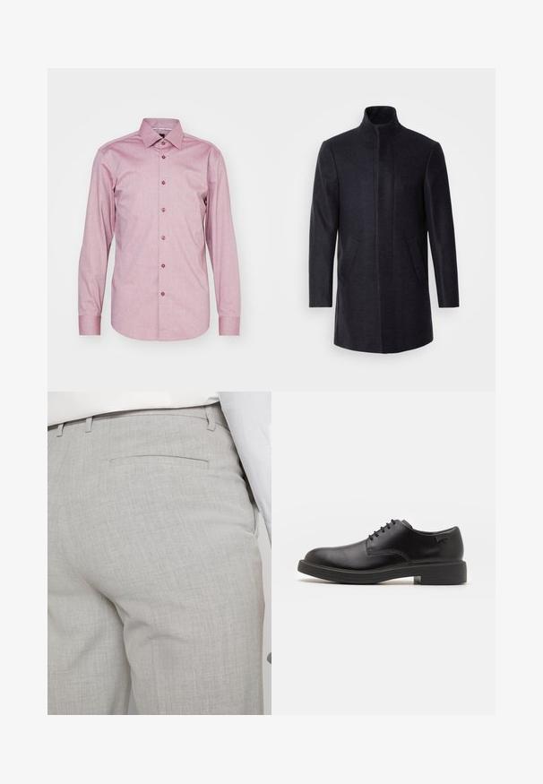 Isaac Dewhirst NEW COMFORT FUNNEL NECK COAT - Īss mētelis - navy; Melnā augstā kakla džemperis, kas izgatavots no mīksta materiāla, ar garām piedurknēm un pieguļušu piegriezumu. Ribota apdare ap apakšu un piedurknēm. Vienkāršs dizains.; BOSS HANK KENT - Formāls krekls - dark red; Gaiši pelēkas pielāgotas bikses no teksturēta auduma, ar vienu aizmugurējo kabatu un tīru šuvju apdari.; Melna āda sašūta kurpe ar noapaļotu purngalu, gludu tekstūru, minimālu šuvju skaitu un zemu gumijas papēdi. Logo uz papēža.