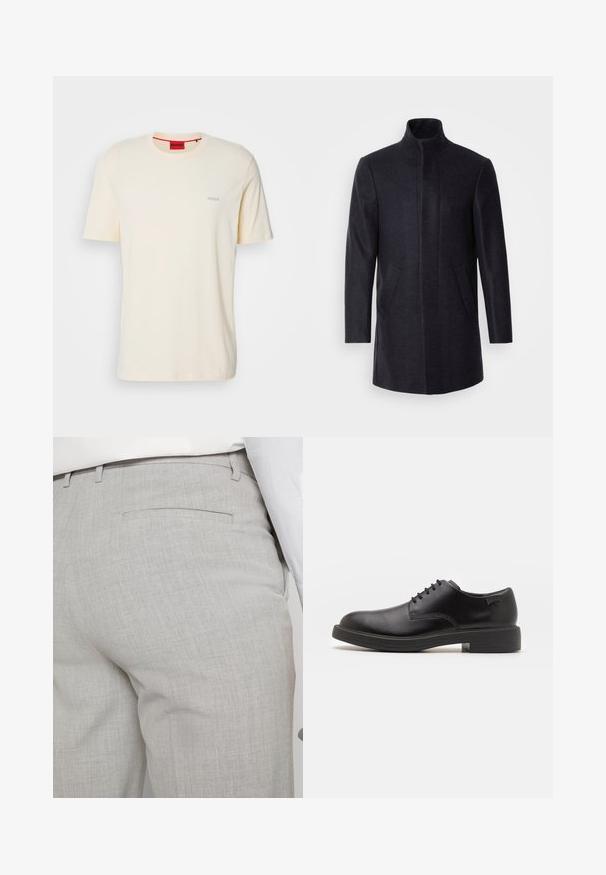 Isaac Dewhirst NEW COMFORT FUNNEL NECK COAT - Puspaltis - navy; Juodas aukšto kaklo megztinis, pagamintas iš minkštos medžiagos, su ilgomis rankovėmis ir prigludusia forma. Su raukiniais apačioje ir rankogaliuose. Paprastas dizainas.; HUGO DERO - Paprasti marškinėliai - light beige; Šviesiai pilkos spalvos pritaikytos kelnės iš faktūrinės medžiagos, turinčios vieną užpakalinę kišenę ir tvarkingus siūlus.; Juodas odinis batų modelis su raišteliais, apvaliu nosiu, lygiu paviršiumi, minimaliai siuvinėjimu ir žemu guminėmis pakulne. Ant pakulnės šalia logo.