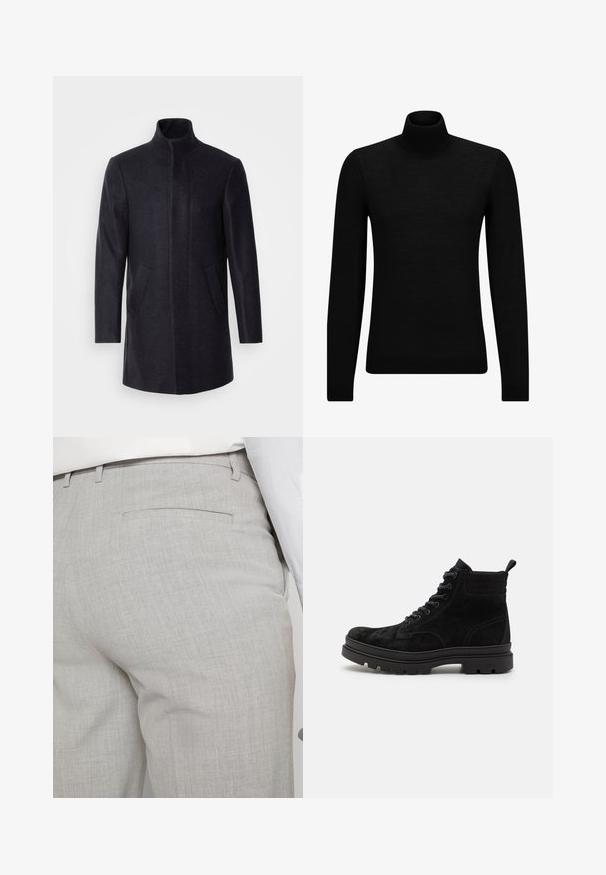 Isaac Dewhirst NEW COMFORT FUNNEL NECK COAT - Manteau court - navy; Pull à col roulé noir en matériau doux, avec des manches longues et une coupe ajustée. Finition côtelée au bas et aux poignets. Design simple.; Pantalon gris clair sur mesure en tissu texturé, avec une seule poche arrière et des coutures nettes.; Bottes en suede noir avec bout rond, lacées à l'avant, et semelle en caoutchouc avec un motif texturé ; hauteur à la cheville avec tirette.