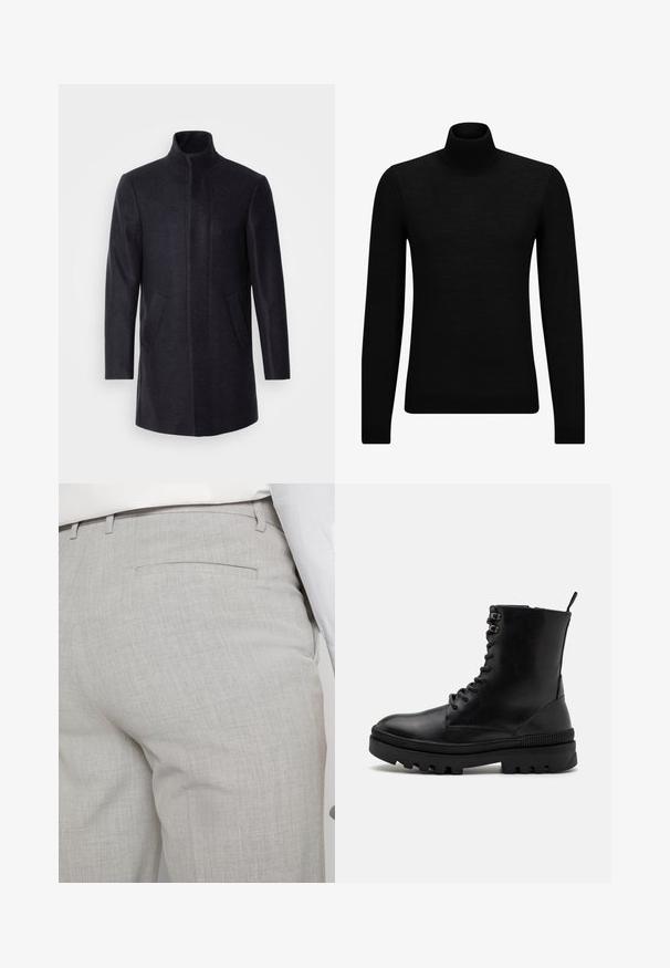 Isaac Dewhirst NEW COMFORT FUNNEL NECK COAT - Manteau court - navy; Pull à col roulé noir en matériau doux, avec des manches longues et une coupe ajustée. Finition côtelée au bas et aux poignets. Design simple.; Pantalon gris clair sur mesure en tissu texturé, avec une seule poche arrière et des coutures nettes.; Bottines en cuir noir à bout arrondi, avec un laçage à l'avant et une semelle en caoutchouc épaisse dotée d'accents striés.