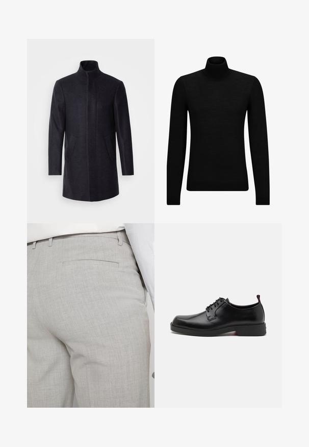 Isaac Dewhirst NEW COMFORT FUNNEL NECK COAT - Cappotto corto - navy; Maglione a collo alto nero realizzato in materiale morbido, con maniche lunghe e vestibilità aderente. Bordo a coste all'orlo e ai polsini. Design semplice.; Pantaloni sartoriali grigio chiaro realizzati in tessuto strutturato, con una tasca posteriore singola e cuciture pulite.; HUGO IKER DERB - Stringate - black