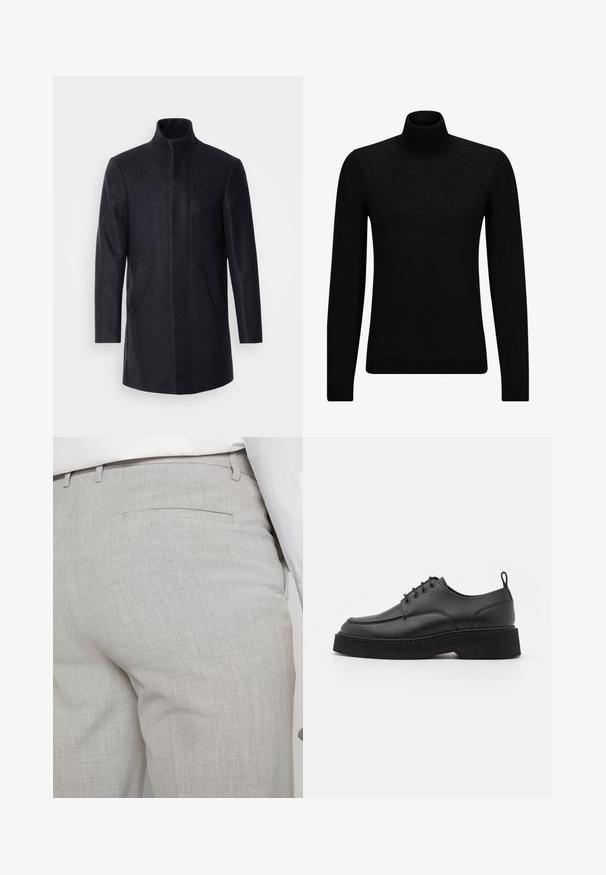 Isaac Dewhirst NEW COMFORT FUNNEL NECK COAT - Cappotto corto - navy; Maglione a collo alto nero realizzato in materiale morbido, con maniche lunghe e vestibilità aderente. Bordo a coste all'orlo e ai polsini. Design semplice.; Pantaloni sartoriali grigio chiaro realizzati in tessuto strutturato, con una tasca posteriore singola e cuciture pulite.; Scarpa in pelle nera con lacci, punta arrotondata, suola piatta aderente nera e cuciture decorative lungo il bordo. Texture liscia.