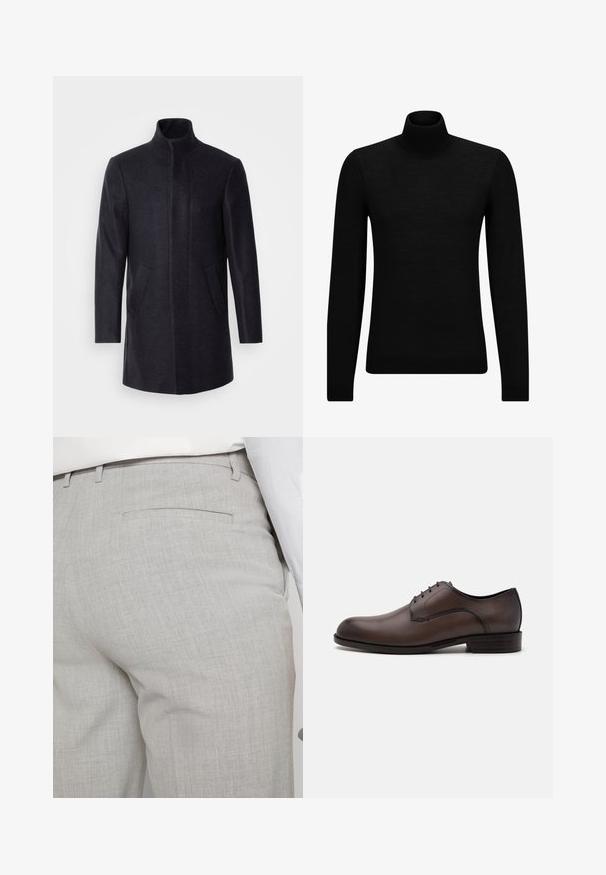 Isaac Dewhirst NEW COMFORT FUNNEL NECK COAT - Krátký kabát - navy; Černý rolák vyrobený z měkkého materiálu, s dlouhými rukávy a těsným střihem. Hladký lem na spodním okraji a manžetách. Jednoduchý design.; Světlounce šedé kalhoty na míru z texturované látky, s jednou zadní kapsou a čistým prošitím.; Hnědé kožené společenské boty s elegantním designem, kulatou špičkou, šněrováním a minimalistickým prošíváním. Nízký podpatek a decentní logo na podrážce.