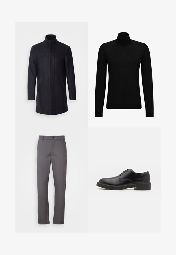 Isaac Dewhirst NEW COMFORT FUNNEL NECK COAT - Īss mētelis - navy; Melnā augstā kakla džemperis, kas izgatavots no mīksta materiāla, ar garām piedurknēm un pieguļušu piegriezumu. Ribota apdare ap apakšu un piedurknēm. Vienkāršs dizains.; Pelēki kokvilnas maisījuma bikses ar taisnu kāju griezumu, ar pogu aizdari un jostai paredzētām cilpām, gludu tekstūru un bez redzamām rakstu. ; Melna āda sašūta kurpe ar noapaļotu purngalu, gludu tekstūru, minimālu šuvju skaitu un zemu gumijas papēdi. Logo uz papēža.