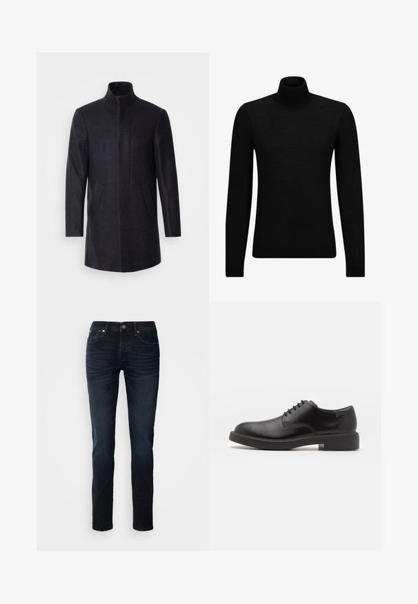 Isaac Dewhirst NEW COMFORT FUNNEL NECK COAT - Korte frakker - navy; Sort turtleneck sweater lavet af blødt materiale, med lange ærmer og en tætsiddende pasform. Ribbet trim ved kanten og manchetter. Simpelt design.; Mørkeblå denimjeans med lige ben, fem-lomme design og synlig syning; har lynlås og knaplukning.; Sorte læder snørestøvle med rund tå, glat tekstur, minimal syning og lav gummihæl. Logo på hælen.