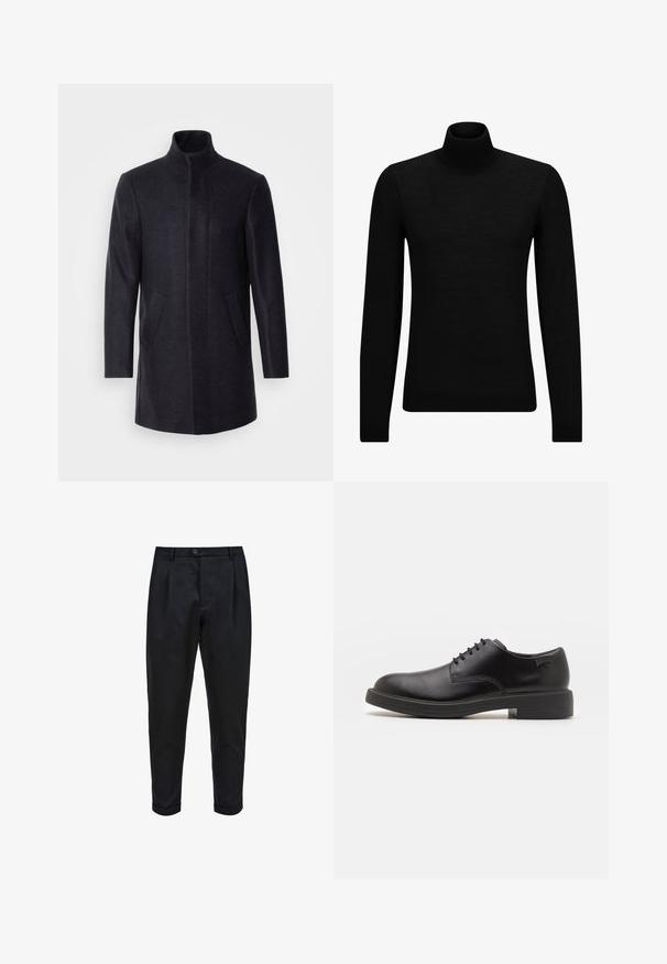 Isaac Dewhirst NEW COMFORT FUNNEL NECK COAT - Cappotto corto - navy; Maglione a collo alto nero realizzato in materiale morbido, con maniche lunghe e vestibilità aderente. Bordo a coste all'orlo e ai polsini. Design semplice.; Pantaloni neri realizzati in un tessuto liscio, dotati di una parte anteriore plissettata, vestibilità affusolata e risvolti. Chiusura semplice con bottone in vita.; Scarpa nera in pelle con lacci, punta tonda, texture liscia, cuciture minime e tacco in gomma basso. Logo sul tacco.