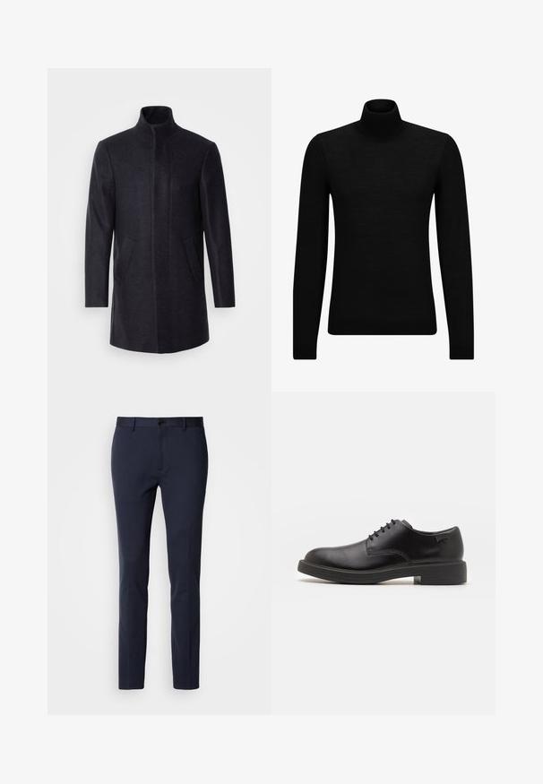 Isaac Dewhirst NEW COMFORT FUNNEL NECK COAT - Kurzmantel - navy; Schwarzer Rollkragenpullover aus weichem Material mit langen Ärmeln und enger Passform. Rippbesatz am Saum und an den Bündchen. Einfaches Design.; Navy-Hosen aus glattem, elastischem Stoff. Mit Reißverschluss, einem einzelnen Knopfverschluss und schmal zulaufenden Beinen.; Schwarzer Leder-Schnürschuh mit abgerundetem Zeh, glatter Textur, minimaler Naht und niedrigem Gummiabsatz. Logo auf der Ferse.