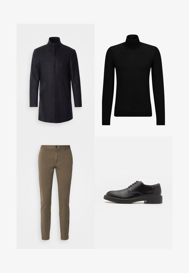 Isaac Dewhirst NEW COMFORT FUNNEL NECK COAT - Casaco curto - navy; Pulôver de gola alta preto, feito de material suave, com mangas longas e ajuste justo. Acabamento canelado na barra e punhos. Design simples.; HUGO DAVID - Chinos - beige; Sapatilha preta em couro, com atilhos, ponta arredondada, textura suave, costura mínima e um salto baixo em borracha. Logotipo no calcanhar.