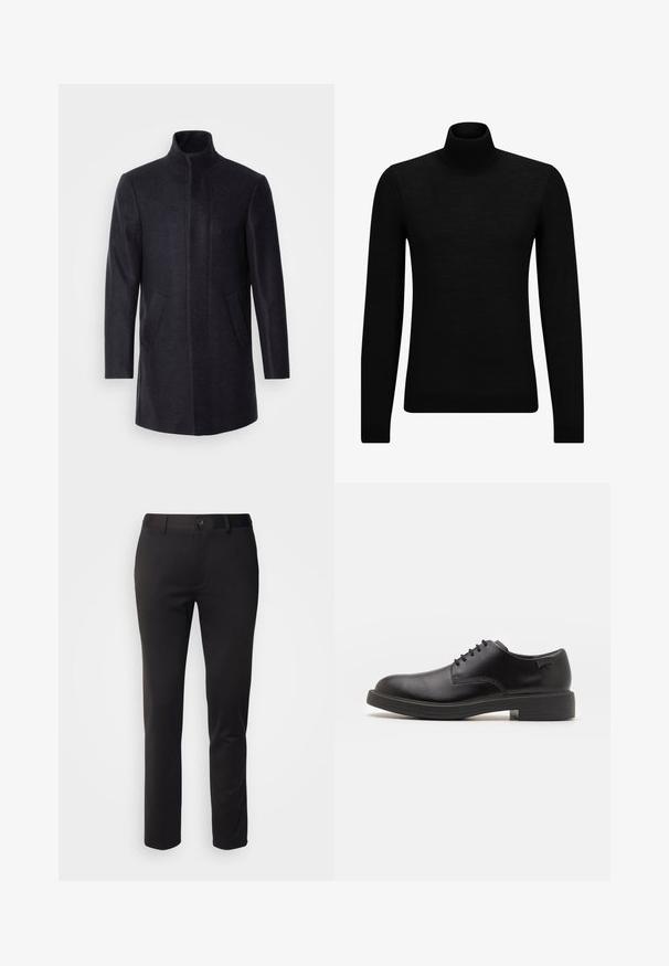 Isaac Dewhirst NEW COMFORT FUNNEL NECK COAT - Kratki kaputi - navy; Crni dukserica s visokim ovratnikom, napravljena od mekanog materijala, s dugim rukavima i priljubljenim krojem. Rebrasti detalji na donjem rubu i rukavima. Jednostavan dizajn.; Crne hlače od glatke tkanine, s ravnim krojem, prednjim dugmetom za zatvaranje i petljama za remen, prikazane na bijeloj pozadini.; Crne kožne cipele s vezanjem i zaobljenim vrhom, glatke teksture, minimalnim šavovima i niskim gumiranim potplatom. Logo se nalazi na peti.