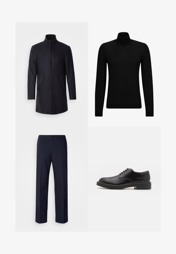 Isaac Dewhirst NEW COMFORT FUNNEL NECK COAT - Manteau court - navy; Pull à col roulé noir en matériau doux, avec des manches longues et une coupe ajustée. Finition côtelée au bas et aux poignets. Design simple.; Pantalon bleu marine avec une coupe droite, fabriqué en tissu lisse avec des plis à l'avant et une fermeture à un bouton.; Chaussure noire en cuir à lacets avec un embout arrondi, texture lisse, piqures minimales et un petit talon en caoutchouc. Logo sur le talon.