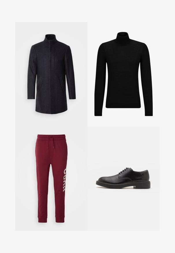 Isaac Dewhirst NEW COMFORT FUNNEL NECK COAT - Rövid kabát - navy; Fekete garbó pulóver puha anyagból, hosszú ujjakkal és szoros fazonnal. Ribbed díszítés az alján és az ujjak végén. Egyszerű dizájn.; HUGO DUTSCHI - Tréningruha alsók - dark pink; Fekete bőrcipő, kerek orrú, sima felületű, minimális varrással és alacsony gumitalppal. Logó a sarokrészen.