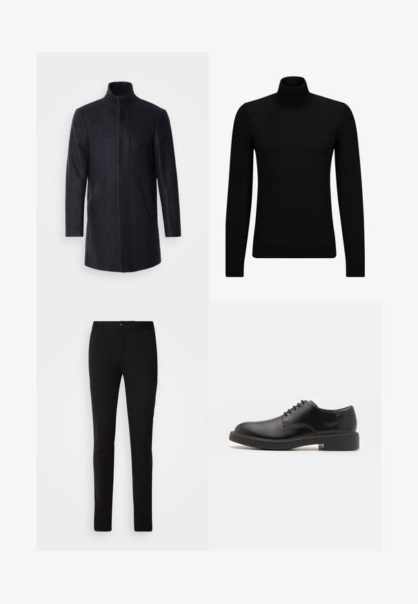 Isaac Dewhirst NEW COMFORT FUNNEL NECK COAT - Pitkä takki - navy; Mustahuivi neule, joka on valmistettu pehmeästä materiaalista, jossa on pitkät hihat ja tiukka istuvuus. Ribbaus reunassa ja hihansuissa. Yksinkertainen muotoilu.; Musta kapean istuvuuden housut, jotka on valmistettu sileästä kankaasta. Ominaisuuksiin kuuluu nappisulku, vyölenkit ja klassinen muotoilu ilman näkyviä kuvioita tai koristeita.; Mustat nahkasaappaat, joissa on pyöreä kärki, sileä pinta, minimaalinen ommel ja matala kumipohja. Logo kannassa.