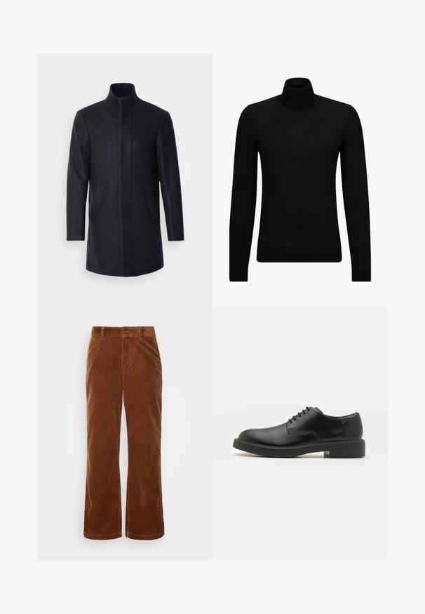 Isaac Dewhirst NEW COMFORT FUNNEL NECK COAT - Lühike jakk - navy; Musthave muströid ja pehmest materjalist must turtleneck, millel on pikad varrukad ja tihe istuvus. Ribaga ääris allservas ja vöökohal. Lihtne disain.; Pruunid kohandatud lõikega triiksärkide püksid, millel on vertikaalne ribakoe, nööbikinnitus ja tavalised vöökohad.; Must beemel levalis kingad ümarate varvastega, sileda pinnaga, minimaalsete õmblustega ja madala kummist kontsaga. Logo kontsa peal.