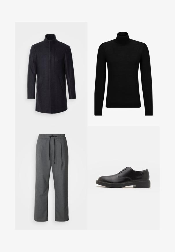 Isaac Dewhirst NEW COMFORT FUNNEL NECK COAT - Kort kappa / rock - navy; Svart polotröja gjord av mjukt material, med långa ärmar och en åtsittande passform. Ribbat avslut vid fåll och ärmslut. Enkelt mönster.; Grå, vävda byxor i tyg med elastisk midja, extern dragsko, sidofickor och en avslappnad passform. Minimalistisk design med rena linjer.; Svart läder snörsko med rund tå, slät yta, minimal söm och låg gummihäl. Logotyp på hälen.