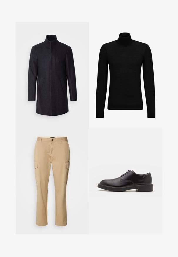 Isaac Dewhirst NEW COMFORT FUNNEL NECK COAT - Korte frakker - navy; Sort turtleneck sweater lavet af blødt materiale, med lange ærmer og en tætsiddende pasform. Ribbet trim ved kanten og manchetter. Simpelt design.; Beige cargo bukser lavet af bomuld. Har to sidelommer, en knaplukning og en lige ben-design. Glat tekstur, afslappet stil.; Sorte læder snørestøvle med rund tå, glat tekstur, minimal syning og lav gummihæl. Logo på hælen.