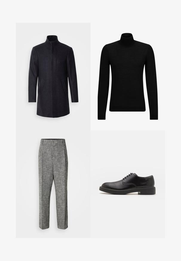 Isaac Dewhirst NEW COMFORT FUNNEL NECK COAT - Krátký kabát - navy; Černý rolák vyrobený z měkkého materiálu, s dlouhými rukávy a těsným střihem. Hladký lem na spodním okraji a manžetách. Jednoduchý design.; Šedé vzorované kalhoty s texturovanou látkou, vysokým pasem a širokými nohavicemi. Obsahují sklady a čistý, střihově vytvořený siluet.; Černé kožené šněrovací boty s kulatou špičkou, hladkým povrchem, minimálním prošíváním a nízkým gumovým podpatkem. Logo na patě.