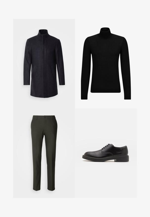 Isaac Dewhirst NEW COMFORT FUNNEL NECK COAT - Kort kåpe / frakk - navy; Svart genser med høy hals laget av mykt materiale, med lange ermer og en tettsittende passform. Ribbestrikket kant nederst og ved ermene. Enkelt design.; Les Deux COMO PANTS SEASONAL - Chinos - deep forest/charcoal; Svart lær snøre sko med rund tå, glatt tekstur, minimal søm, og lav gummihæl. Logo på hælen.