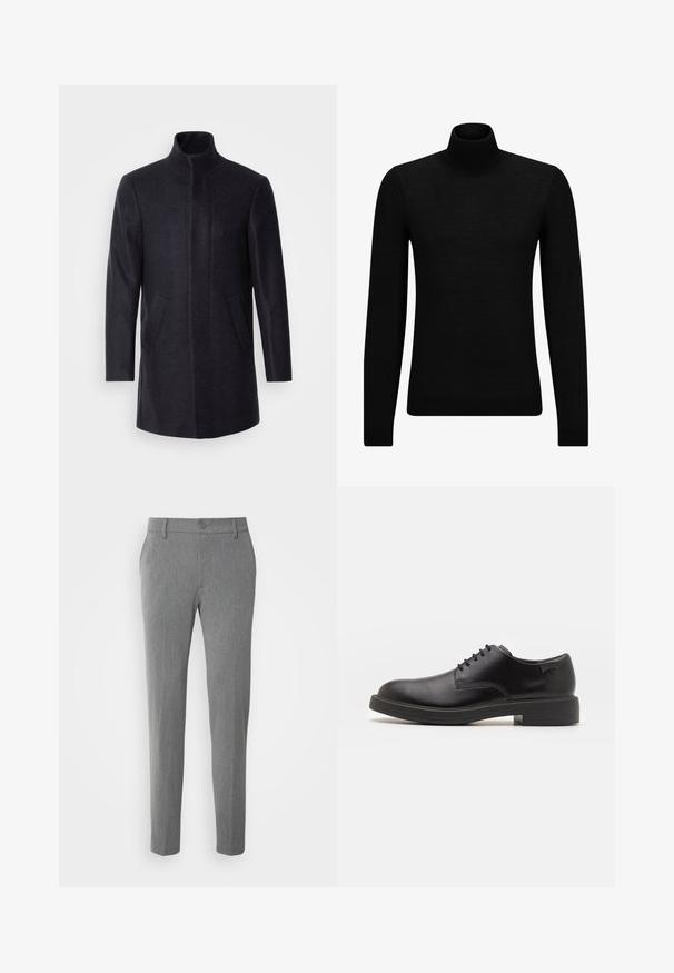 Isaac Dewhirst NEW COMFORT FUNNEL NECK COAT - Krátký kabát - navy; Černý rolák vyrobený z měkkého materiálu, s dlouhými rukávy a těsným střihem. Hladký lem na spodním okraji a manžetách. Jednoduchý design.; Šedé kalhoty vyrobené z texturované látky, s klasickým designem, knoflíkovým zapínáním a rovnými nohavicemi.; Černé kožené šněrovací boty s kulatou špičkou, hladkým povrchem, minimálním prošíváním a nízkým gumovým podpatkem. Logo na patě.