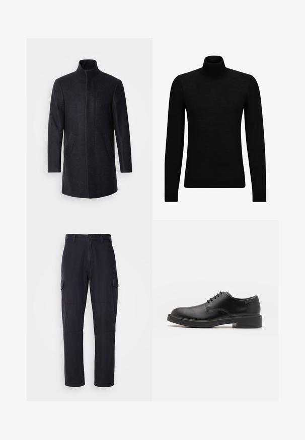 Isaac Dewhirst NEW COMFORT FUNNEL NECK COAT - Krátký kabát - navy; Černý rolák vyrobený z měkkého materiálu, s dlouhými rukávy a těsným střihem. Hladký lem na spodním okraji a manžetách. Jednoduchý design.; Námořnické modré cargo kalhoty z bavlněné směsi, s bočními kapsami, rovnými nohavicemi a viditelnými švy.; Černé kožené šněrovací boty s kulatou špičkou, hladkým povrchem, minimálním prošíváním a nízkým gumovým podpatkem. Logo na patě.