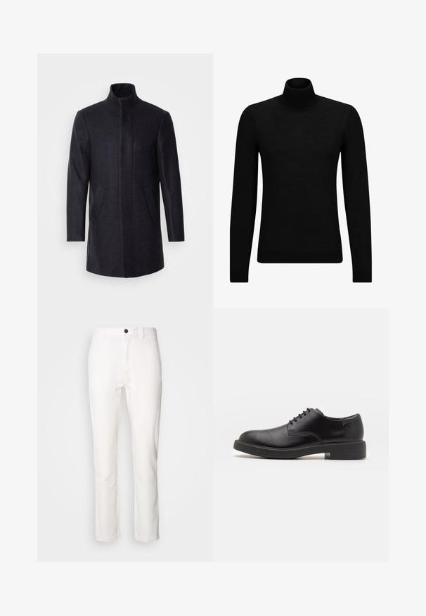 Isaac Dewhirst NEW COMFORT FUNNEL NECK COAT - Krátký kabát - navy; Černý rolák vyrobený z měkkého materiálu, s dlouhými rukávy a těsným střihem. Hladký lem na spodním okraji a manžetách. Jednoduchý design.; Bílé kalhoty rovného střihu s černým knoflíkem na pase, vyrobené z hladké látky s jemným leskem.; Černé kožené šněrovací boty s kulatou špičkou, hladkým povrchem, minimálním prošíváním a nízkým gumovým podpatkem. Logo na patě.