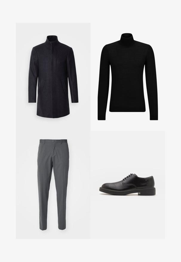 Isaac Dewhirst NEW COMFORT FUNNEL NECK COAT - Kort kappa / rock - navy; Svart polotröja gjord av mjukt material, med långa ärmar och en åtsittande passform. Ribbat avslut vid fåll och ärmslut. Enkelt mönster.; Grå byxor tillverkade av ett slätt tyg, med knappstängning, framfickor och en smal passform.; Svart läder snörsko med rund tå, slät yta, minimal söm och låg gummihäl. Logotyp på hälen.