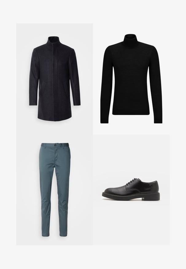 Isaac Dewhirst NEW COMFORT FUNNEL NECK COAT - Īss mētelis - navy; Melnā augstā kakla džemperis, kas izgatavots no mīksta materiāla, ar garām piedurknēm un pieguļušu piegriezumu. Ribota apdare ap apakšu un piedurknēm. Vienkāršs dizains.; Scotch & Soda ESSENTIALS STUART - Chinos tipa bikses - steel; Melna āda sašūta kurpe ar noapaļotu purngalu, gludu tekstūru, minimālu šuvju skaitu un zemu gumijas papēdi. Logo uz papēža.